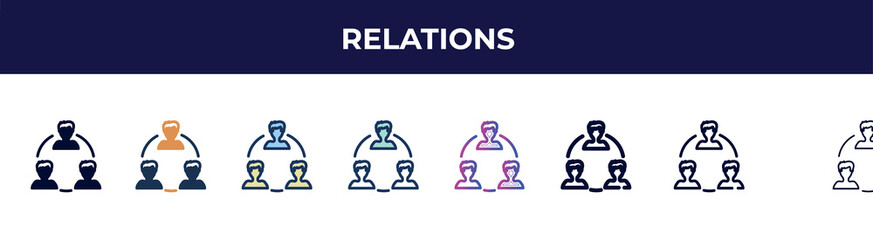 Poster - relations icon in 8 styles. line, filled, glyph, thin outline, colorful, stroke and gradient styles, relations vector sign. symbol, logo illustration. different style icons set.