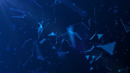 Poster - Animated blue background. Movements of geometric shapes. A pattern of glowing neon connecting lines, triangles, dots, particles. Outer space. Shards of glass. Destroyed plexuses. 3d rendering. 4k