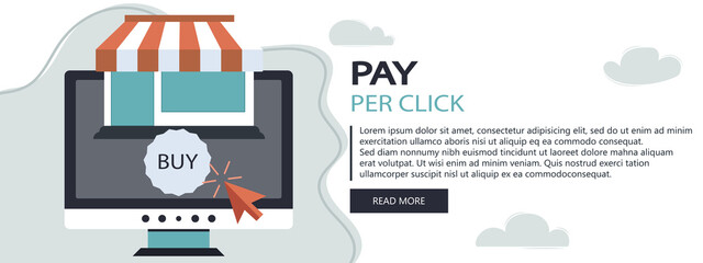 Wall Mural - On line shopping and payment Methods. Mobile payments. Pay per click and online order. Flat vector illustration. Website banner	