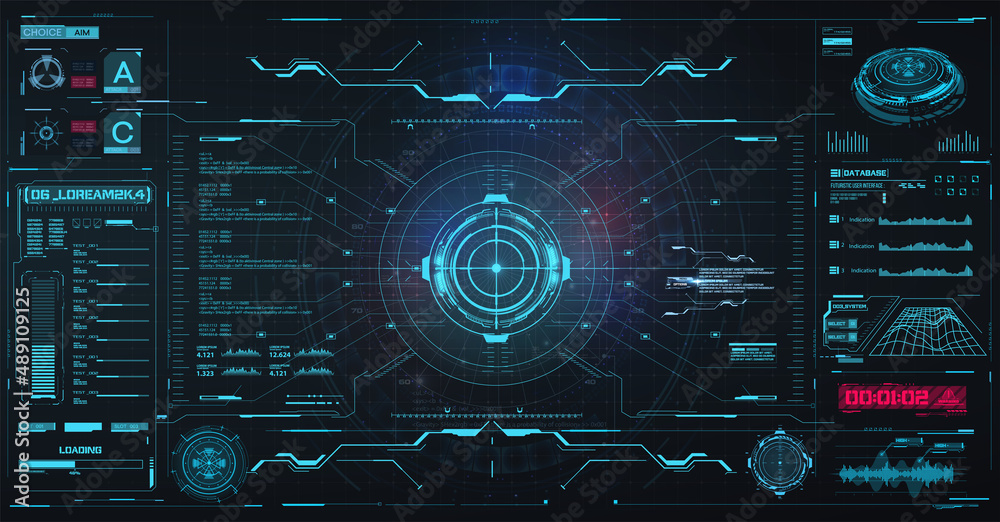 Spaceship or shuttle aircraft digital screen interface in hud style. High-tech screen. Graphic interface design for video games. Holographic head-up display screen scope control panel frame. Vector