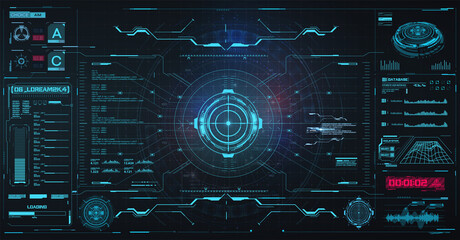 Wall Mural - Spaceship or shuttle aircraft digital screen interface in hud style. High-tech screen. Graphic interface design for video games. Holographic head-up display screen scope control panel frame. Vector