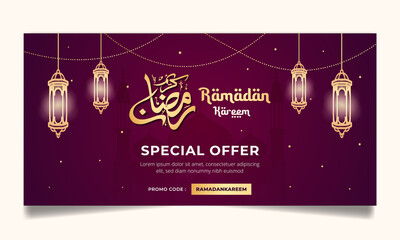 Wall Mural - Ramadan sale horizontal banner social media post with calligraphy illustration template