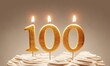 100th birthday or anniversary celebration. Lit golden number candles on cake with icing in neutral tones. 3D rendering