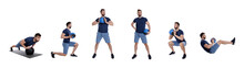 Athletic Man Doing Different Exercises With Medicine Ball On White Background, Collage. Banner Design