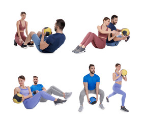 Wall Mural - Athletic man and woman doing different exercises with medicine balls on white background, collage