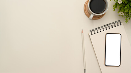 Wall Mural - Minimal white working desk background with smartphone mockup and copy space.