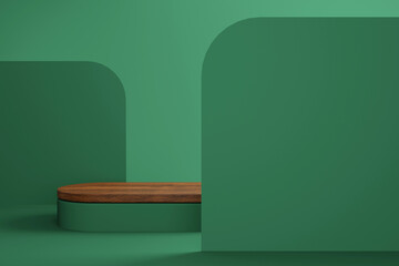 Abstract minimal scene with wooden podium and backdrop in studio lighting green background. Product presentation showcase, Mock up stage, Cosmetic product display, Podium, stage pedestal. 3d rendering