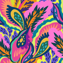 Bright Colorful Seamless Pattern With Floral And Plants Element In Psychedelic Vibrant Funky Style.