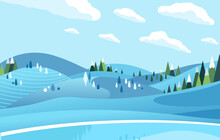 Frozen Lake And Hill With Trees In The Winter Time Covered By Snow Flat Vector Illustration