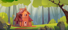 Wooden House In Summer Forest. Old Shack, Uninhabited Forester Or Witch Hut In Deep Wood With Falling Sun Beams Among Green Trees And Rocks Around, Pc Game Background, Cartoon Vector Illustration