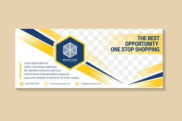 Poster - the best opportunity one stop shopping banner design template with combination yellow and blue colors on element. horizontal layout with space for photo and text. dot halftone pattern.