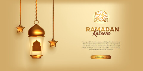 luxury ramadan mubarak kareem banner with 3d golden fanoos fanous arabic lantern decoration with calligraphy ( text translation = blessed ramadan )