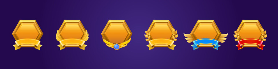 Poster - Golden game award badges, level ui icons, empty gold hexagon frames with banners, wings, gemstone and laurel wreaths. Isolated bonus graphic elements, reward, trophy achievement and prize Vector set