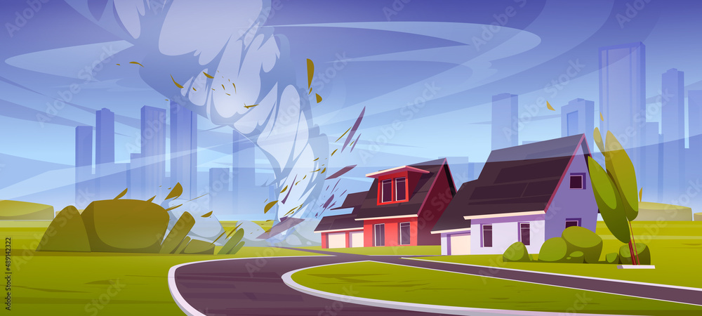 Natural disaster with tornado crashes house roof. Vector cartoon ...