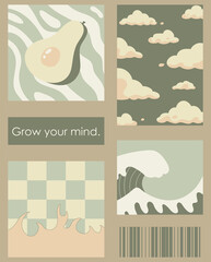 a set of five bright aesthetic posters. minimalistic posters with positive phrases for social media,