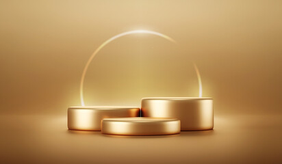 Poster - Gold premium product background of luxury 3d podium scene or abstract golden empty presentation advertising banner stage and blank pedestal showcase studio shiny display stand on packaging backdrop.