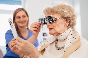 senior woman having eye exam on clinic