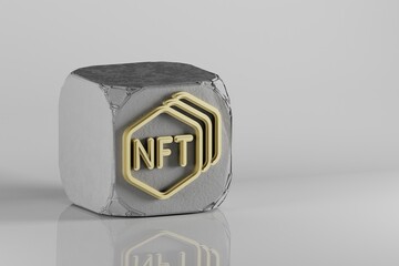 Leinwandbilder - NFT Collection icon. Beautiful Golden NFT symbol icons on a beton cube and ceramic background. 3d rendering illustration. Background pattern for design.