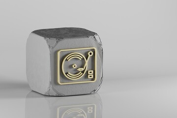 Poster - Retro Record Player icon. Beautiful Golden music symbol icons on a beton cube and white ceramic background. 3d rendering illustration. Background pattern for design.