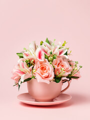 Tea cup filled with bouquet of fresh roses and orchids on pastel pink background. Creative floral spring bloom concept. Morning drink or healthy breakfast idea. Still life natural visual trend.