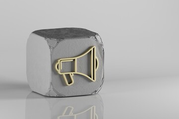 Fototapete - Shout Megaphone icon. Beautiful Golden music symbol icons on a beton cube and white ceramic background. 3d rendering illustration. Background pattern for design.