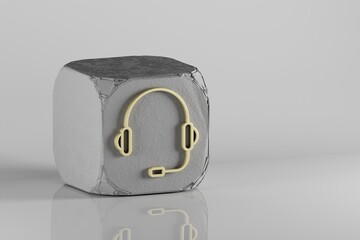 Poster - Headphones with Mic  icon. Beautiful Golden music symbol icons on a beton cube and white ceramic background. 3d rendering illustration. Background pattern for design.