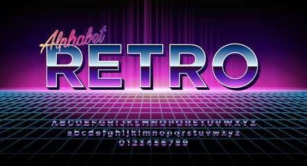 Fototapete - Retro alphabet font. Shiny chrome metallic effect letters and numbers. Vector font for your design. Retro futurism style 90s, 80s. Retro disco style.