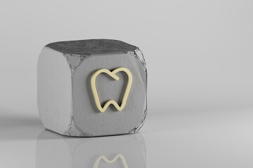 Aufkleber - Tooth icon. Beautiful Golden symbol icons on a beton cube and white ceramic background. 3d rendering illustration. Background pattern for design.
