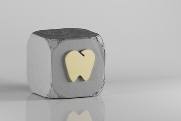Aufkleber - Tooth icon. Beautiful Golden symbol icons on a beton cube and white ceramic background. 3d rendering illustration. Background pattern for design.