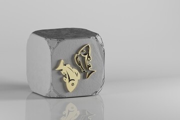 Poster - Beautiful Golden zodiac sign Pisces symbol icons on a beton cube and white ceramic background. 3d rendering illustration. Background pattern for design.