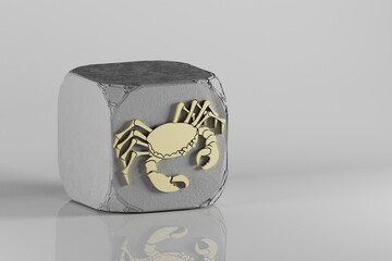 Poster - Beautiful Golden zodiac sign Cancer symbol icons on a beton cube and white ceramic background. 3d rendering illustration. Background pattern for design.
