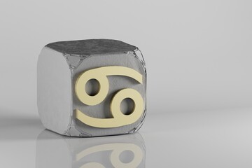 Poster - Beautiful Golden zodiac sign Cancer symbol icons on a beton cube and white ceramic background. 3d rendering illustration. Background pattern for design.