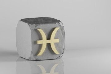 Poster - Beautiful Golden zodiac sign Pisces symbol icons on a beton cube and white ceramic background. 3d rendering illustration. Background pattern for design.