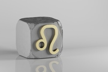 Poster - Beautiful Golden zodiac sign Leo symbol icons on a beton cube and white ceramic background. 3d rendering illustration. Background pattern for design.