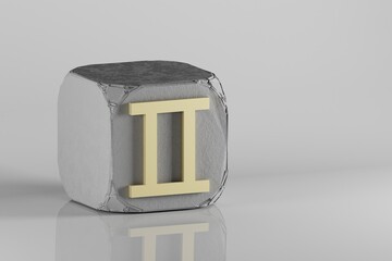 Aufkleber - Beautiful Golden zodiac sign Gemini symbol icons on a beton cube and white ceramic background. 3d rendering illustration. Background pattern for design.