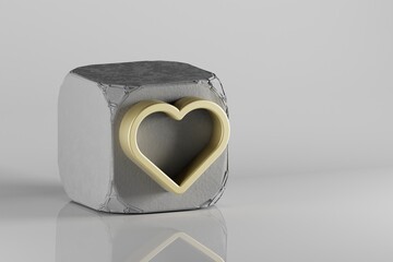 Aufkleber - Beautiful Golden Heart symbol icons on a beton cube and white ceramic background. 3d rendering illustration. Background pattern for design.