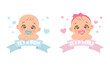 Cute baby boy and girl gender reveal label template. Flat vector cartoon design