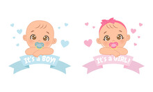 Cute Baby Boy And Girl Gender Reveal Label Template. Flat Vector Cartoon Design