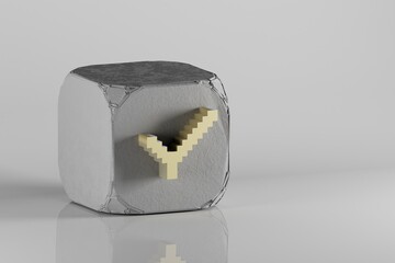 Poster - Beautiful Golden Pixel icon Check symbol icons on a beton cube and white ceramic background. 3d rendering illustration. Background pattern for design..
