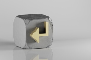 Poster - Beautiful Golden Pixel icon Arrow symbol icons on a beton cube and white ceramic background. 3d rendering illustration. Background pattern for design..