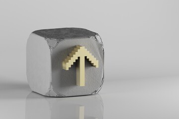 Poster - Beautiful Golden Pixel icon Arrow UP symbol icons on a beton cube and white ceramic background. 3d rendering illustration. Background pattern for design..