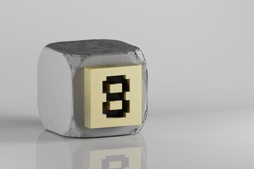 Poster - Beautiful Golden Pixel number 8 symbol icons on a beton cube and white ceramic background. 3d rendering illustration. Background pattern for design..