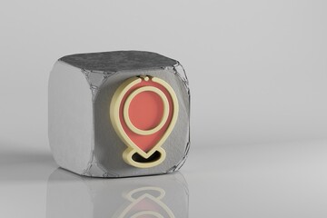 Poster - Beautiful Golden Location symbol icons on a beton cube and white ceramic background. 3d rendering illustration. Background pattern for design.