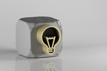 Leinwandbilder - Beautiful Golden Light Bulb symbol icons on a beton cube and white ceramic background. 3d rendering illustration. Background pattern for design.