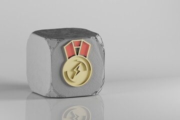 Poster - Beautiful Golden lightning medal symbol  on a beton cube and white ceramic background. 3d rendering illustration. Background pattern for design.