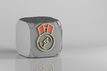 Poster - Beautiful Golden lightning medal symbol  on a beton cube and white ceramic background. 3d rendering illustration. Background pattern for design.