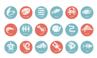 Wall Mural - Fishes, arthropods and seafood in a abstract draw design. Simple, flat design. Patterns and backgrounds.