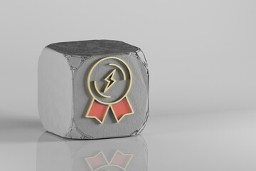 Poster - Beautiful Golden lightning Badge symbol  on a beton cube and white ceramic background. 3d rendering illustration. Background pattern for design.