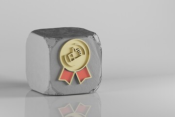 Poster - Beautiful Golden thumbs up Badge symbol  on a beton cube and white ceramic background. 3d rendering illustration. Background pattern for design.