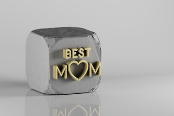 Poster - Beautiful Golden words BEST MOM with heart symbol on a beton cube and white ceramic background. 3d rendering illustration. Background pattern for design. Mothers Day.